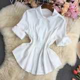Clear Color Lapel Tightened Long-Sleeved Shirt-Outfit