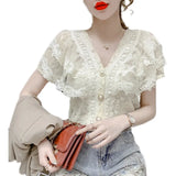 Lace Ruffle Stitching Blouse Women V-neck 2023 Summer New Short Sleeve Tops Crochet Mesh New Chiffon Shirt Blusas