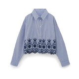 Fongt Women's Summer New Fashion Hollowed-Out Embroidered Striped Shirt 3211994-Outfit