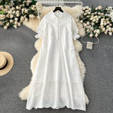 Heavy Industry Embroidered Lace Lapel Collision Color Splicing Loose Slim Long-Size Women's Holiday Dress-Outfit