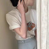 Fongt East Gate Spring Minority Age Reduction Round Collar Tie Bow Print Loose Versatile Short-Sleeved T-Shirt Top-Outfit