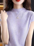 Summer New Half-High Collar Knitted Short-Sleeved Women's Thin T-Shirt With Loose Knitted Half-Sleeved Vest