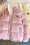 Japan Heart Embroidery Women Parkas Coat Winter Thick Hairy Cute Loose Warm Jacket Double Sided Design Pink Chic