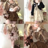 Cute Lolita Style Short Cardigan Women Gothic Y2k Bow Ruffles Lace-ups Knitted Coat Korean Fashion Casual Loose Crop Tops-Outfit