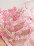 Ribbon Tie Up Embroidery Flower Half Cup Lingerie Set-Outfit
