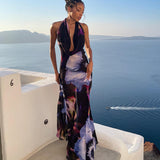Fongt Women's Clothing 2025 New Digital Printing Sexy Hanging Collar Long Mid-Long Dress Woman