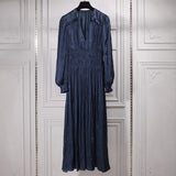 Blue Vintage Dress For Women V Neck Puff Long Sleeve Pleated Ankle Length Dresses Female Fashion Clothes 2022