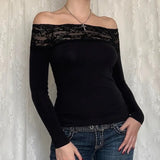 Fongt Hot Girl One Word Shoulder Lace Splicing Long Sleeve T Shirt Female New Slim Solid Color Bottom Top-Outfit