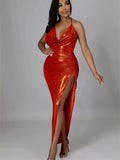 Sexy Women Halter Long Maxi Dress V-neck Off Shoulder Drawstring High Split Backless Tie-Up Wrap Hip Slim Dress 2023-Outfit