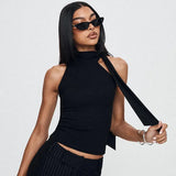 High Collar Tie Up Top-Outfit