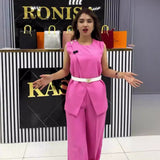 Fongt Summer New Solid Color Round Collar Sleeveless Top High Waist Broad Leg Pants Two Sets Of Women
