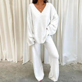Autumn Winter Women 2PCS V Neck Long Sleeve Blouse Suits Matching Sets Casual Wide Leg Trousers Sets Solid Homewear