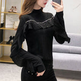 Solid Color Ruffles Spliced Shirt Spring Autumn Slim Basic Half High Collar Female Clothing Chic Diamonds Knitted Blouse-Outfit