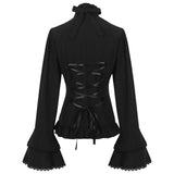 French Style Solid Shirt For Women Stand Flare Sleeve Lace Embroidery Ruffles Bandage Design Gothic Black Shirts Top-Outfit