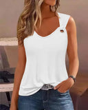 Fongt Summer Fashion Sexy Simple Metal Button V-Neck Sleeveless Women's Solid Color Sweet