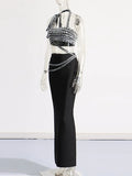 Sexy Suit 2025 New Fashion Heavy Industry Diamond Oblique Shoulder Blouse + Long Bag Hip