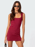 Women's Summer New Solid Color Wide Sling Square Collar Hollow Out Backpack Buttock Slim Dress-Outfit