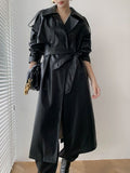 Long Trench Coat for Women Retro 2023 Autumn New Thin PU Leather Jacket Loose Solid Leather Trench Coat Black Long