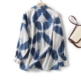 New Xiaoxiangfeng POLO Collar Blue Printed Long-Sleeved Shirt-Outfit