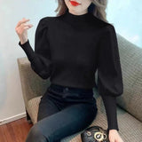 Korean Version Semi-High Round Collar Design Bubble Sleeve Knitted Sweater Autumn And Winter New Foreign Style Pullover Women's Dress-Outfit