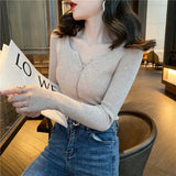 Fongt Sweater Women's Autumn And Winter Under The Bottom Shirt V Collar 2024 New Burst Long-Sleeved Black Tight