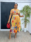 Fongt Fashion Set Women's Summer French High-Grade Folding Print Short-Sleeved Top + Loose A Word 100-Fold Long Skirt