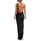 Fongt Summer Satin Temperament Condole Back Sexy Slim Evening Dress