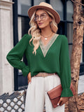 Fongt Autumn And Winter 2024 New Women's Casual Solid Color V-Neck Lace Lotus Leaf Sleeve Loose Jacket-Outfit