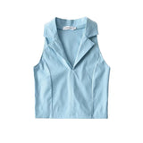 Trendy Women's Vest Fashion Temperament Solid Color Collar Sleeveless Lapel Retro Elastic Spicy Girl Navel Blouse-Outfit