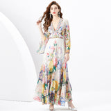 Fongt Retro Court Style Dress Female Design Horn Sleeves Long Chiffon Leaf-Side Skirt
