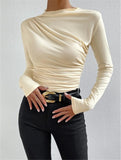 Fongt Solid Color Trim Bottom Shirt Folding Design Long-Sleeved T-Shirt Lady