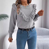 Fongt Shooting 2025 Autumn And Winter Elegant Solid Color Lotus Leaf Side Long-Sleeved Jacket Sweater Women's Clothing