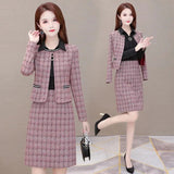 Plaid 2 Piece Dress Sets Spring Fall Elegant Long Sleeve Cropped Jacket Slim Ol Lapel Dresses Suits Oversize 4xl