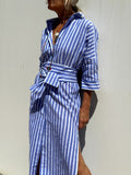 Fongt Women's New Five-Sleeve Striped Open-Shirt Shirt Dress 8061