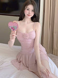 Pink Sexy Sweet Strap Dress Women Korean Fashion Party Mini Dress Female Ruffled Backless Designer Suspender Dress