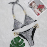 Fongt New Swimwear Crystal Diamond Chain Women's Split Swimsuit Perm Gold Snake Grain Strap Sexy