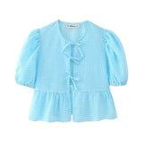 New Bubble Cuff Lace-Up Solid Color Short Blouse 1213835-Outfit