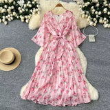 Fongt Retro Floral And Snow-Crushed Dress Woman Autumn Strapd To The Waist V Collar Horn Sleeve Temperament Over The Folded Skirt