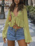 Sheer Mesh Ruffle Long Sleeve Crop Blouse-Outfit