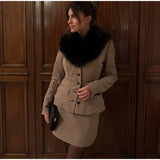 Fur Collar Coat And Mini Skirt Set-Outfit