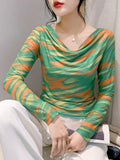 Spring Summer Double-Layer Mesh Top Long Sleeve Printing T-shirt Woman Slim Fitting Tee For Female-Outfit