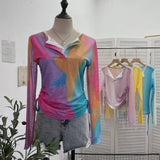 Fake Two Sunscreen Long-Sleeved T-Shirt Women Autumn Design Dizzling Drawstring Folding Short Top