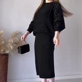 Fongt 2023 New Fashion Solid Color Hollow-Out Round Collar Top Casual Knit Skirt Suit-Outfit