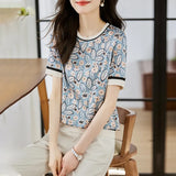 Fongt Shot Jacket Female Round Collar Short Sleeve 2023 Summer New Show Thin Print Simulation Silk Zou Temperament Half Sleeve T-Shirt-Outfit
