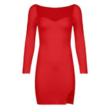 Basic Split Knitted Dress Autumn Winter Sexy Slim Square Collar Long Sleeve Mini Dresses For Women 2021 Elegant