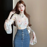 Sleeve T-shirts Women Print Crop Tops Sweet Aesthetics Design Slit Temper Vintage Elegant Sun Proof Y2k Clothes