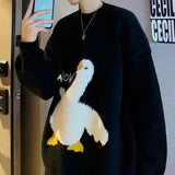 Korean Style Kawaii Cartoon Goose Print Knitted Sweater Women Harajuku Oversize Crewneck Long Sleeve Jumper