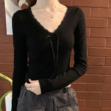 V-Neck Lace Patchwork Floral Long Sleeve Tee-Outfit