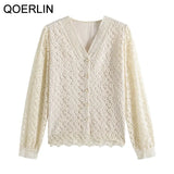 Elegant Tops Shirt Women Korean Style V-Neck Lantern Sleeve Embroidered Lace Mesh Blouse Plus Size 2021 Spring
