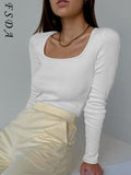 2021 Square Neck Green Long Sleeve T Shirts Women Knitted Autumn Winter Black Basic Ribber White Khaki Top Shirt Casual